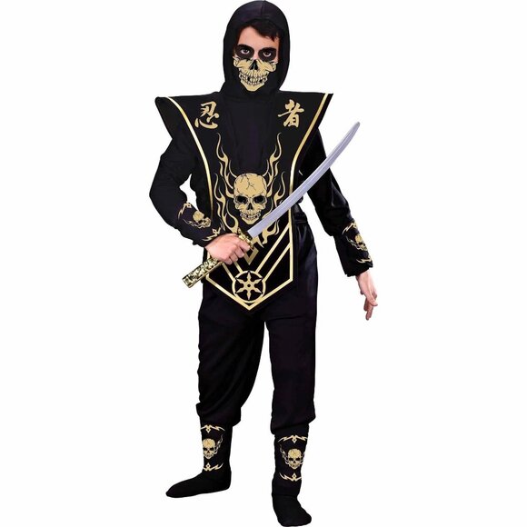 Fun World Skull Ninja Costume Hooded Skeleton Tunic Pants Mask Wrist Ankle Guard - Picture 1 of 4